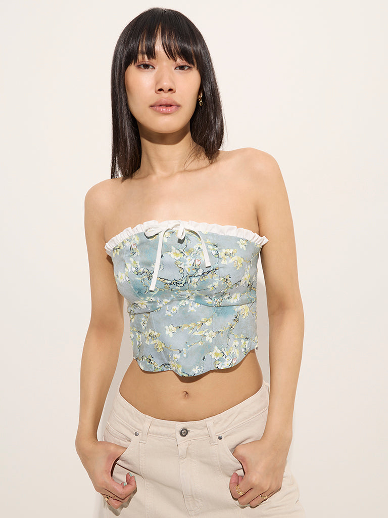 Nuon Light Teal Floral Design Corset-Style Top