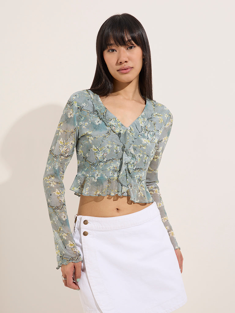 Nuon Light Teal Floral Printed Top