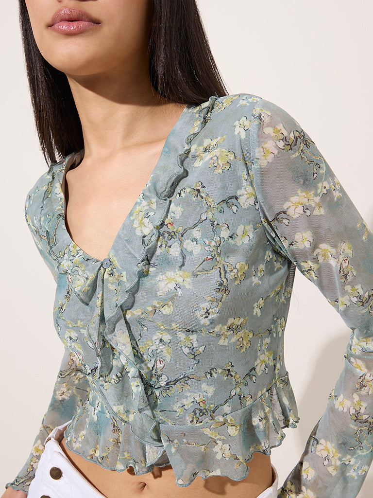 Nuon Light Teal Floral Printed Top