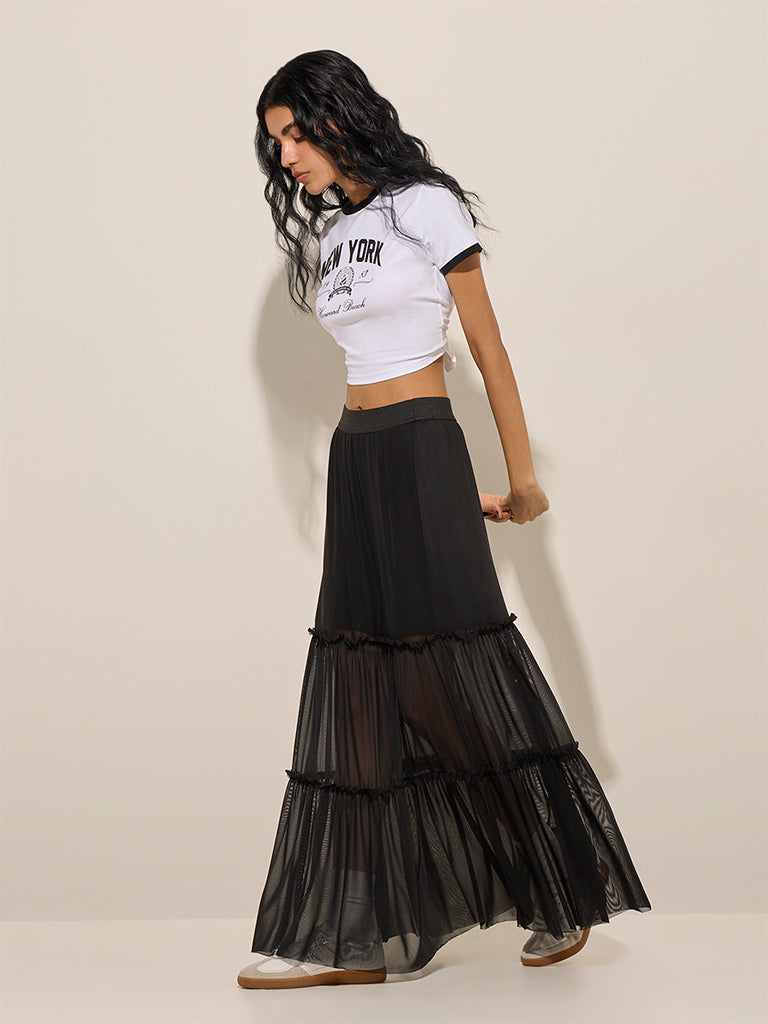 Nuon Black Tiered High-Rise Mesh Skirt