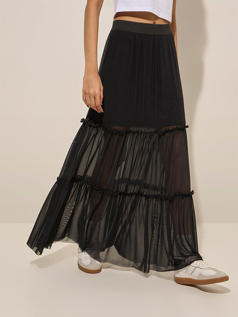 Nuon Black Tiered High-Rise Mesh Skirt