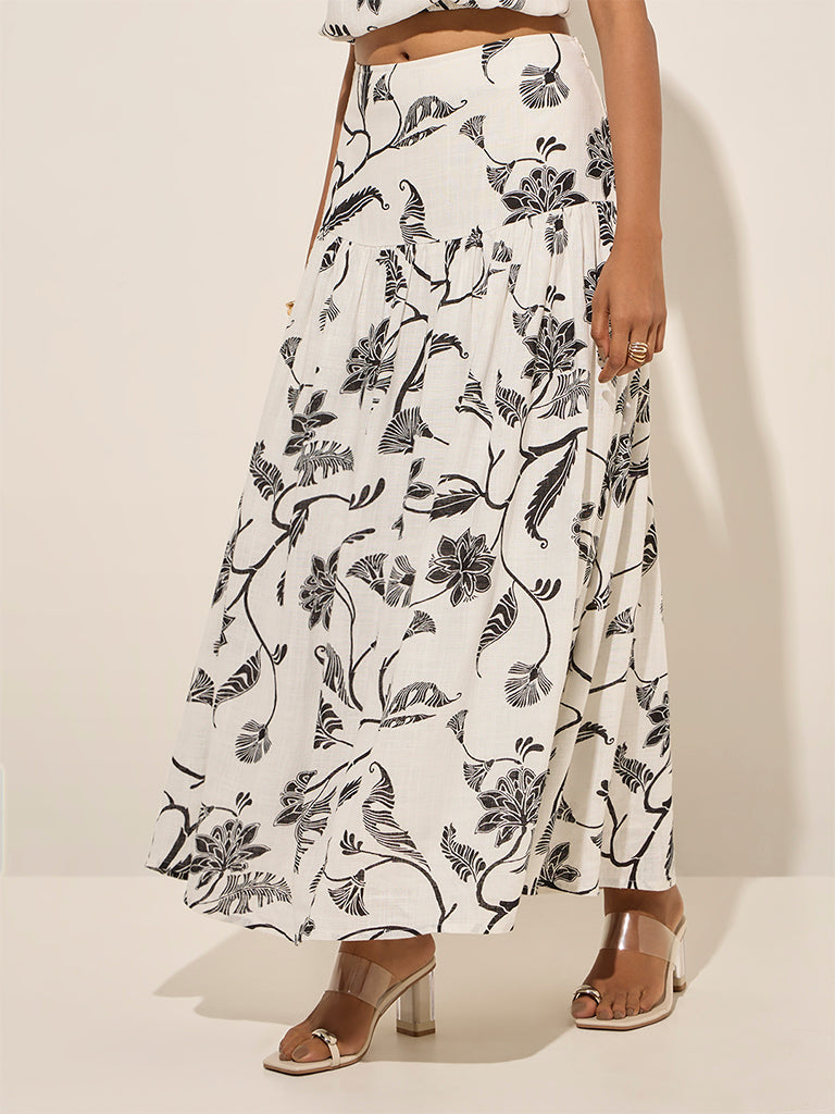 LOV White Floral Design High-Rise Cotton Skirt