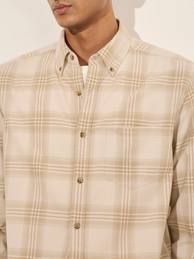 WES Casuals Beige Checks Printed Relaxed-Fit Cotton Shirt