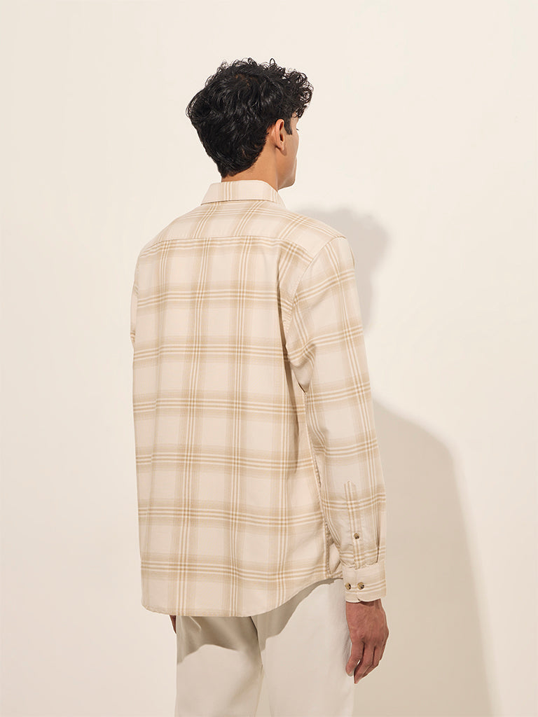 WES Casuals Beige Checks Printed Relaxed-Fit Cotton Shirt