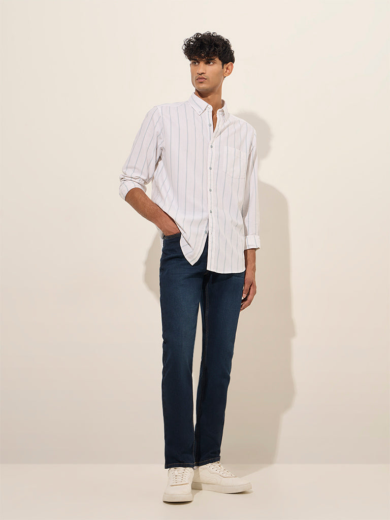 WES Casuals White Striped Relaxed-Fit Cotton Shirt