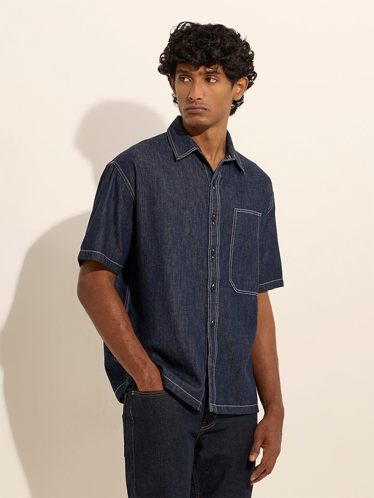 WES Casuals Navy Relaxed-Fit Cotton Shirt