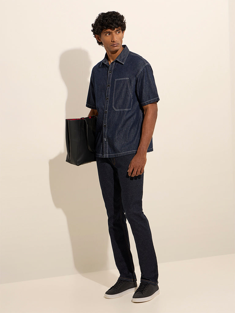 WES Casuals Navy Relaxed-Fit Cotton Shirt