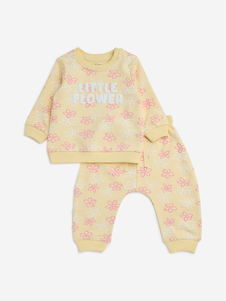 HOP Baby Yellow Floral Cotton Sweatshirt with Pants Set