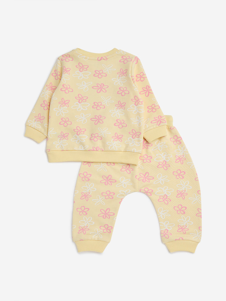 HOP Baby Yellow Floral Cotton Sweatshirt with Pants Set