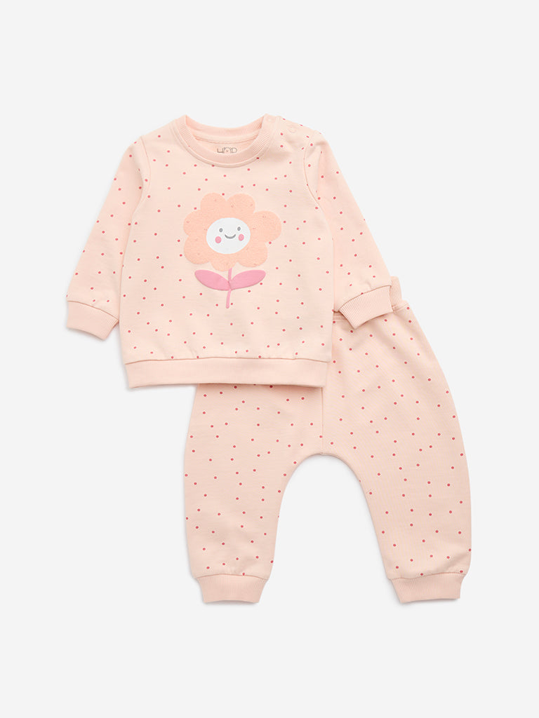 HOP Baby Peach Printed Cotton Sweatshirt and Pants Set