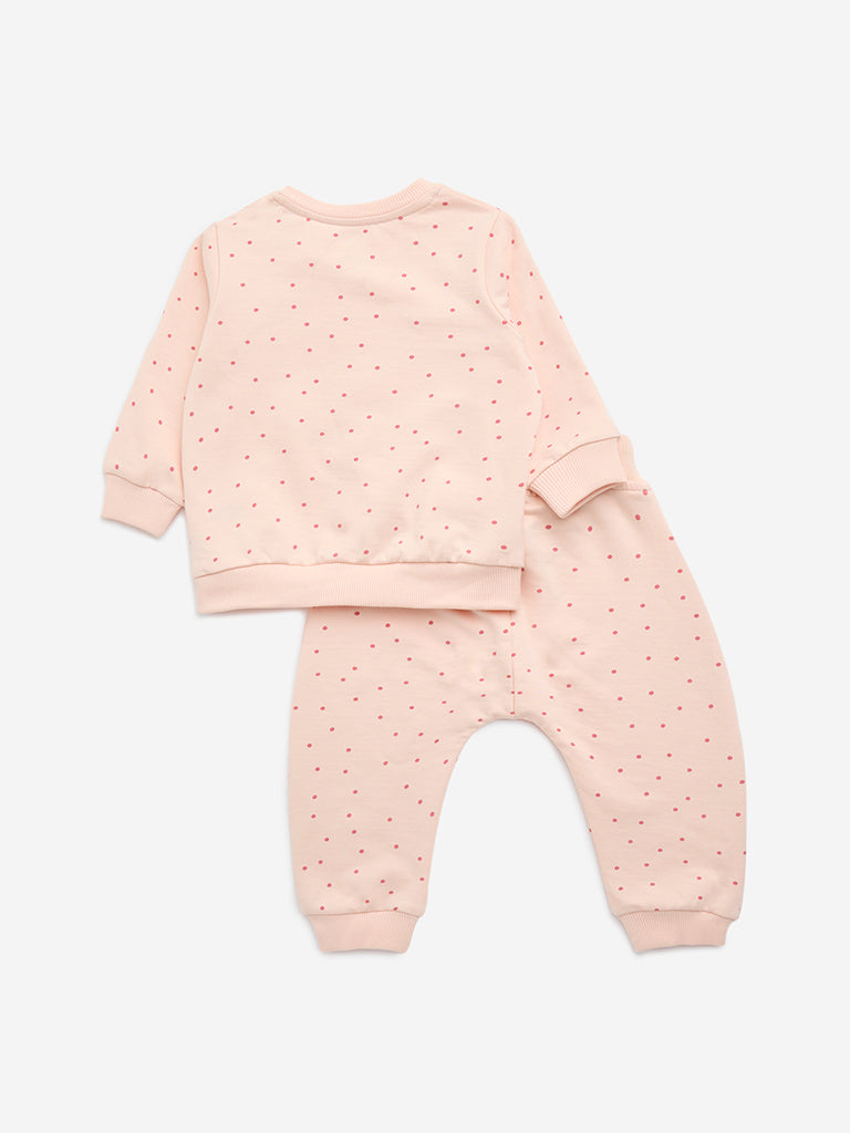 HOP Baby Peach Printed Cotton Sweatshirt and Pants Set