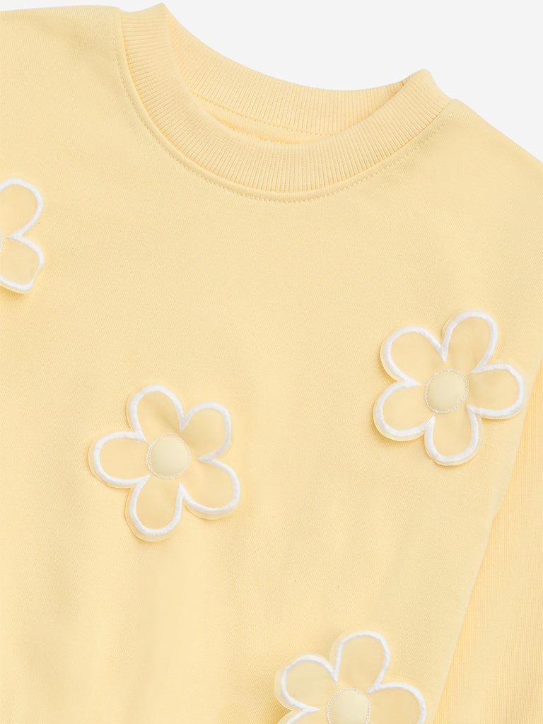 HOP Kids Light Yellow Floral Cotton-Blend Sweatshirt