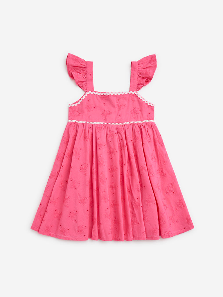 HOP Kids Pink Schiffli Detailed Cotton A Line Dress