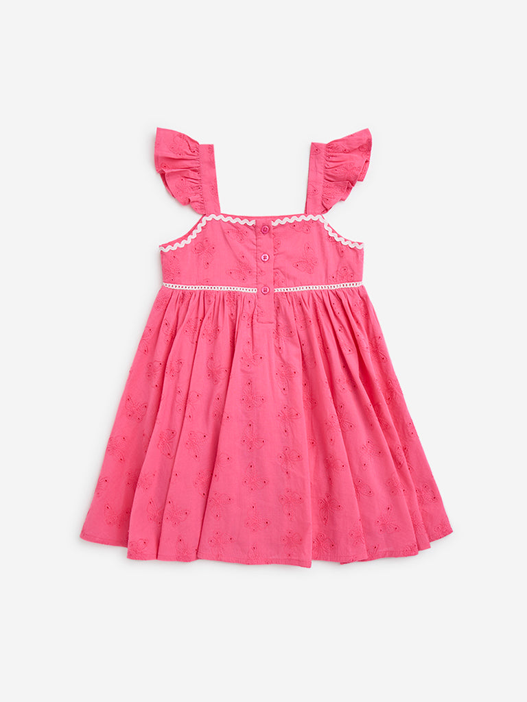 HOP Kids Pink Schiffli Detailed Cotton A Line Dress