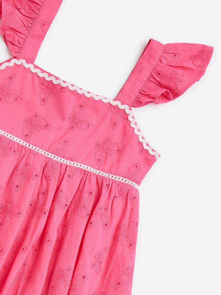 HOP Kids Pink Schiffli Detailed Cotton A Line Dress