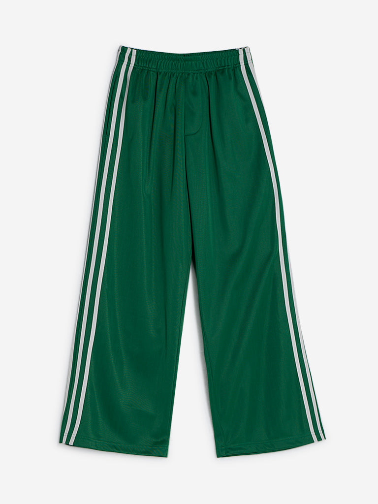 Y&F Kids Green Stripe Printed Mid-Rise Track Pants