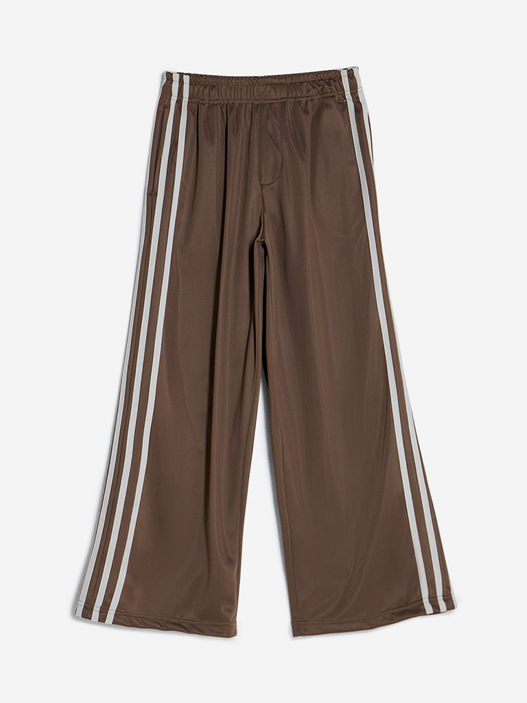 Y&F Kids Brown Stripe Printed Mid-Rise Track Pants