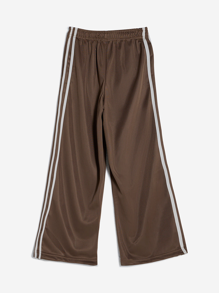 Y&F Kids Brown Stripe Printed Mid-Rise Track Pants