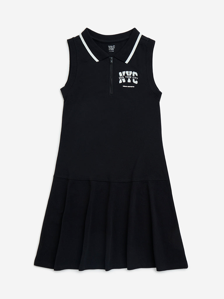 Y&F Kids Black Text Printed Cotton Tennis Dress