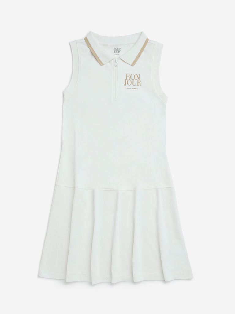 Y&F Kids White Text Printed Cotton Tennis Dress