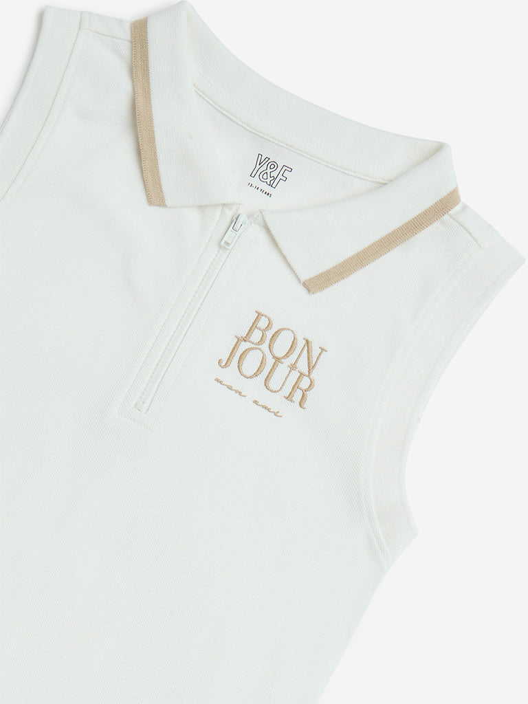 Y&F Kids White Text Printed Cotton Tennis Dress