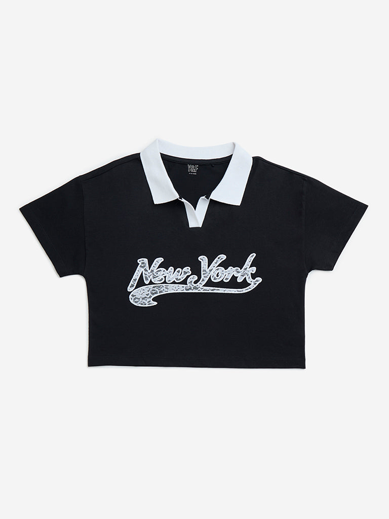 Y&F Kids Black Text Patterned Cotton Polo T-Shirt