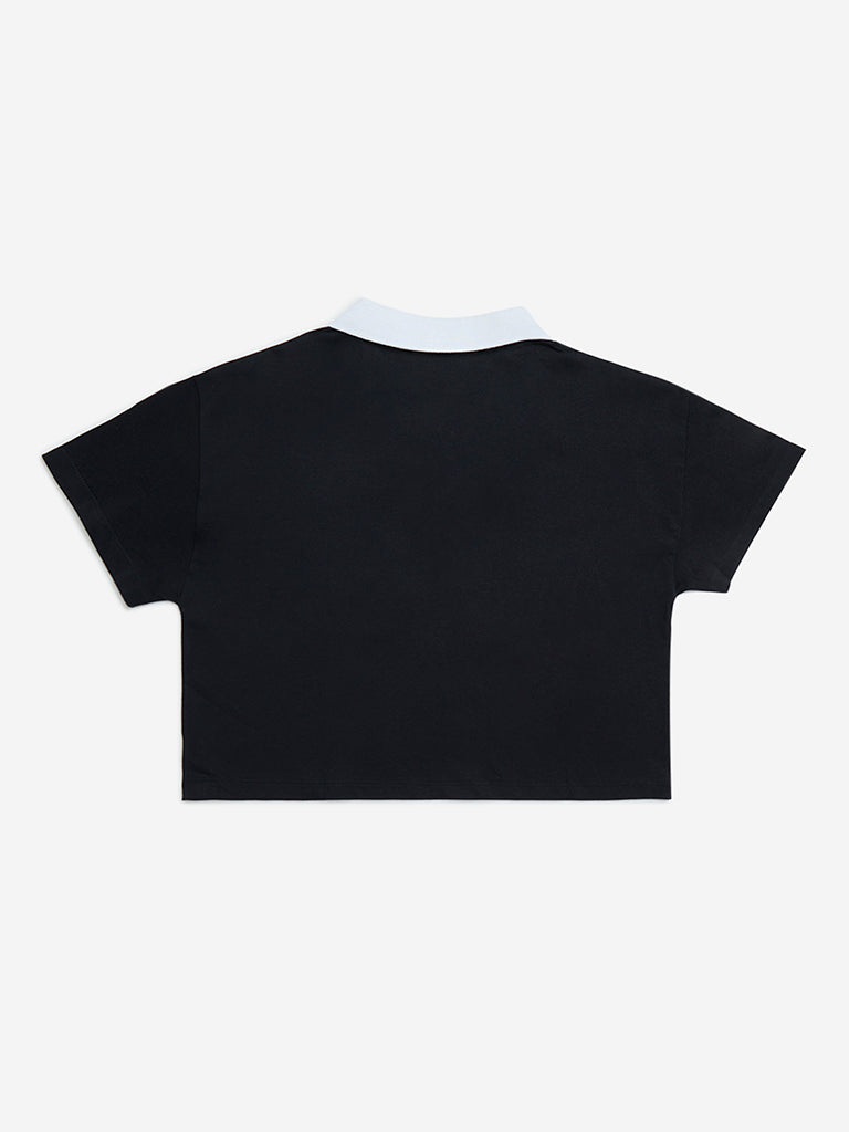 Y&F Kids Black Text Patterned Cotton Polo T-Shirt