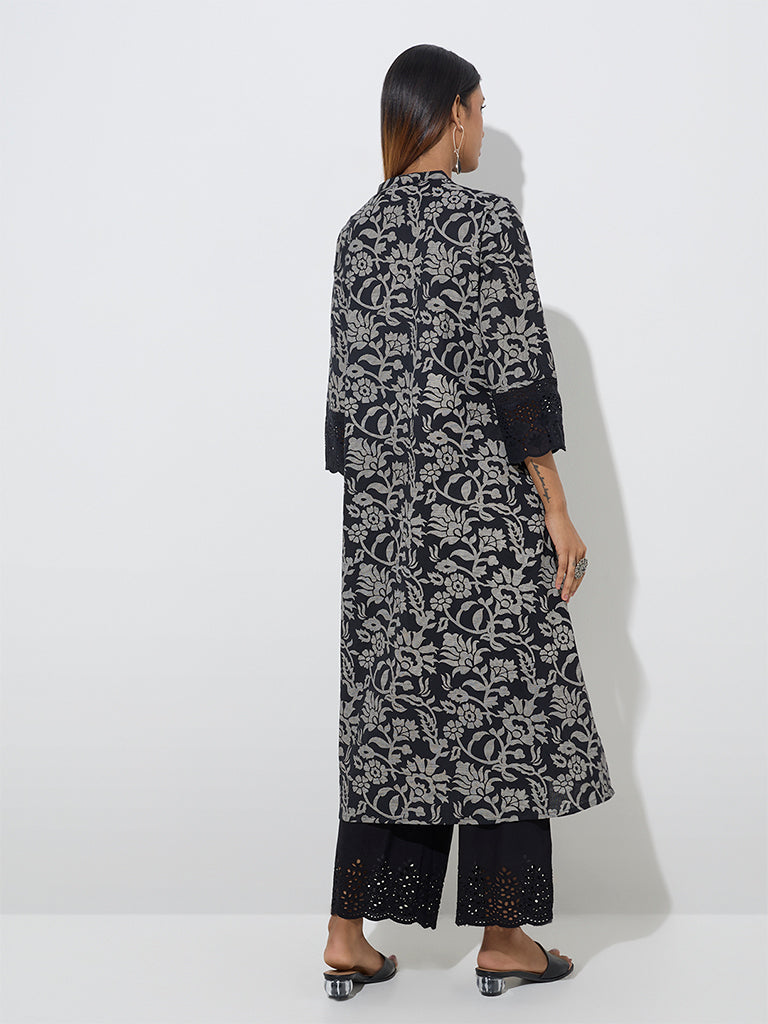 Utsa Black Floral Patterned Cotton-Blend A-Line Kurta