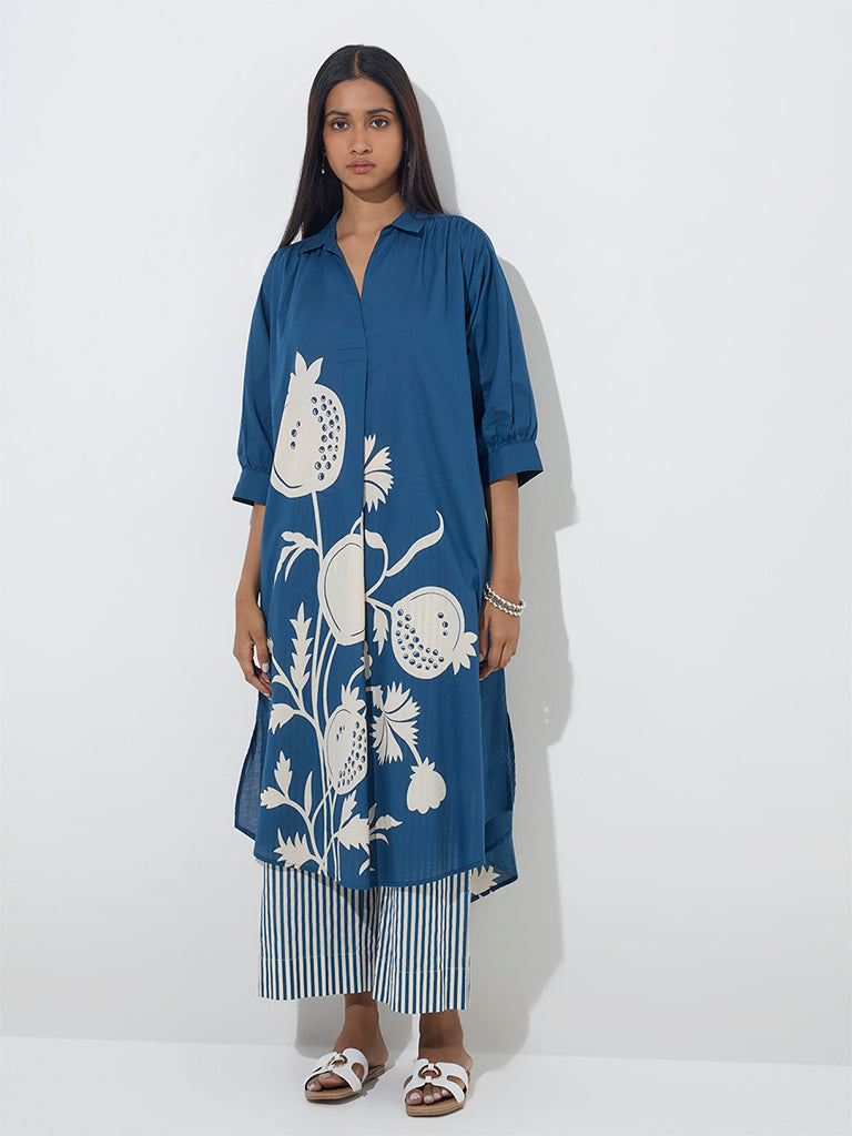 Utsa Blue Anar Design High-Low Cotton Kurta