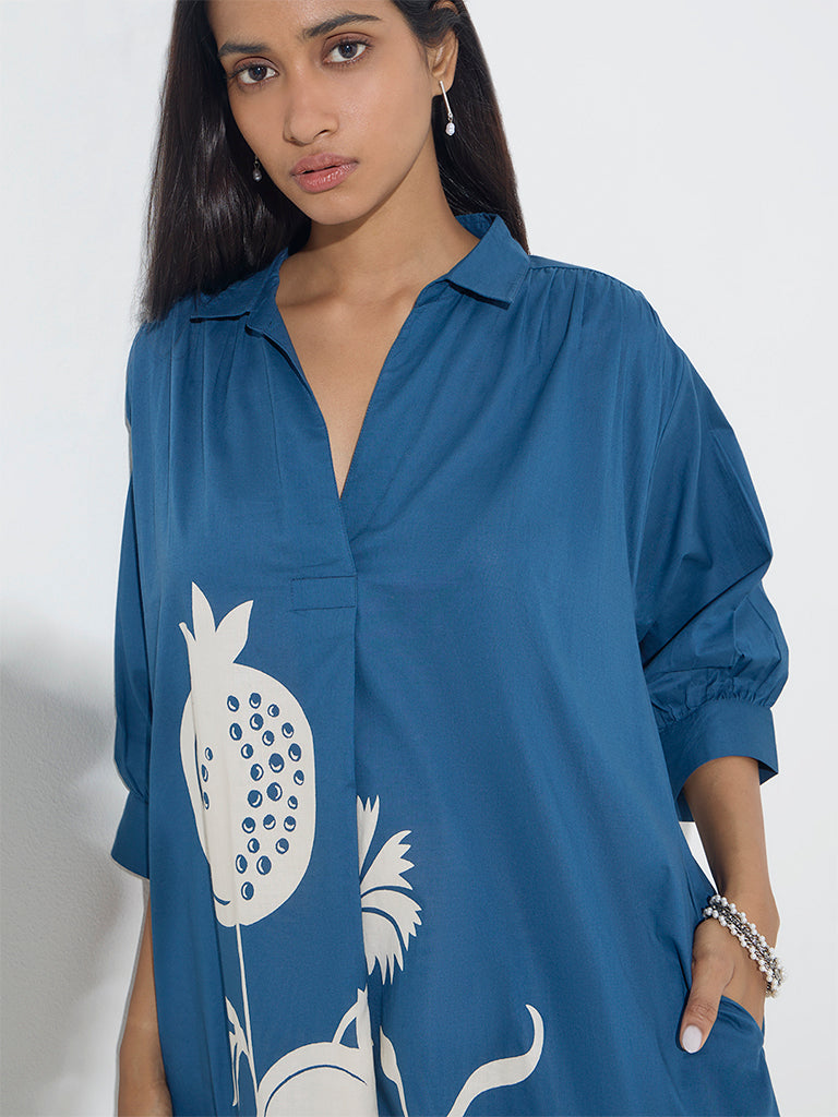 Utsa Blue Anar Design High-Low Cotton Kurta