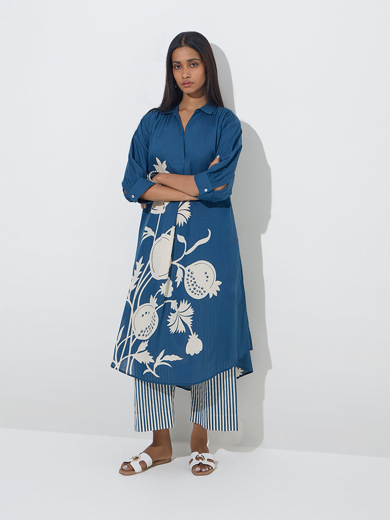 Utsa Blue Anar Design High-Low Cotton Kurta