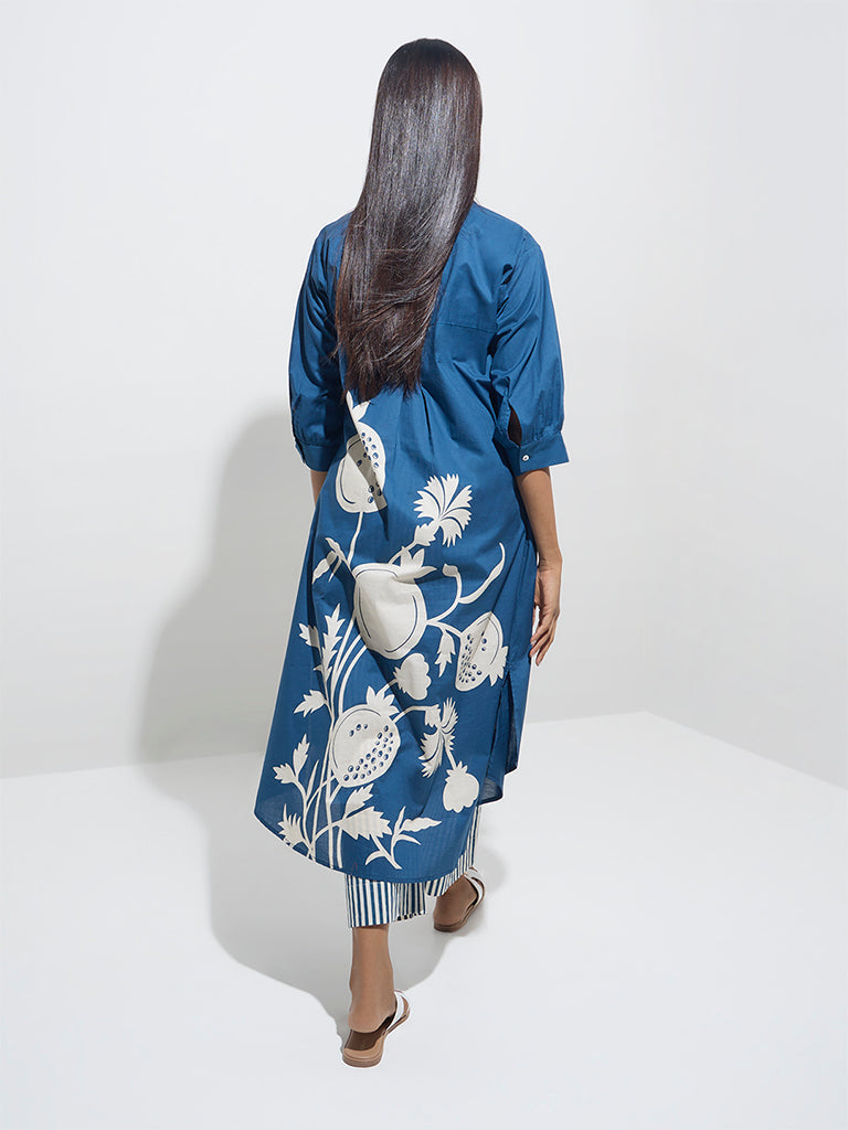 Utsa Blue Anar Design High-Low Cotton Kurta