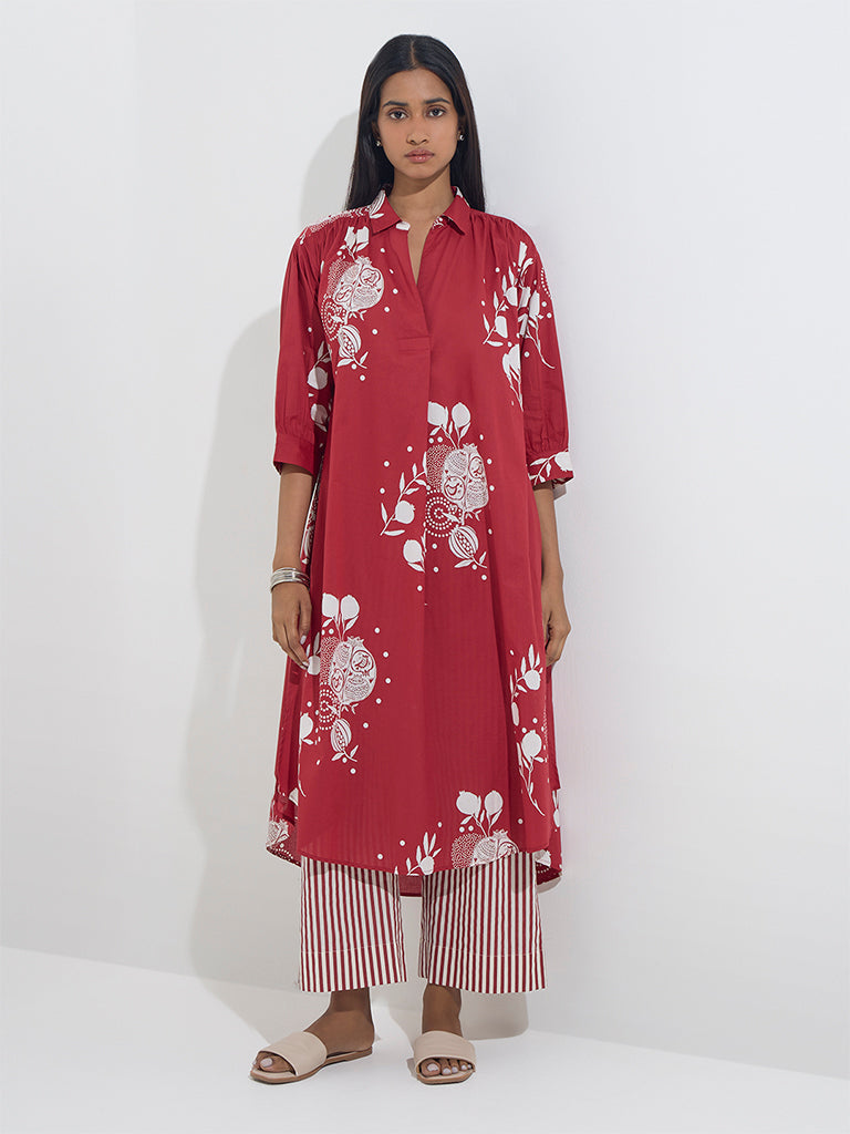 Utsa Red Anar Design High-Low Cotton Kurta