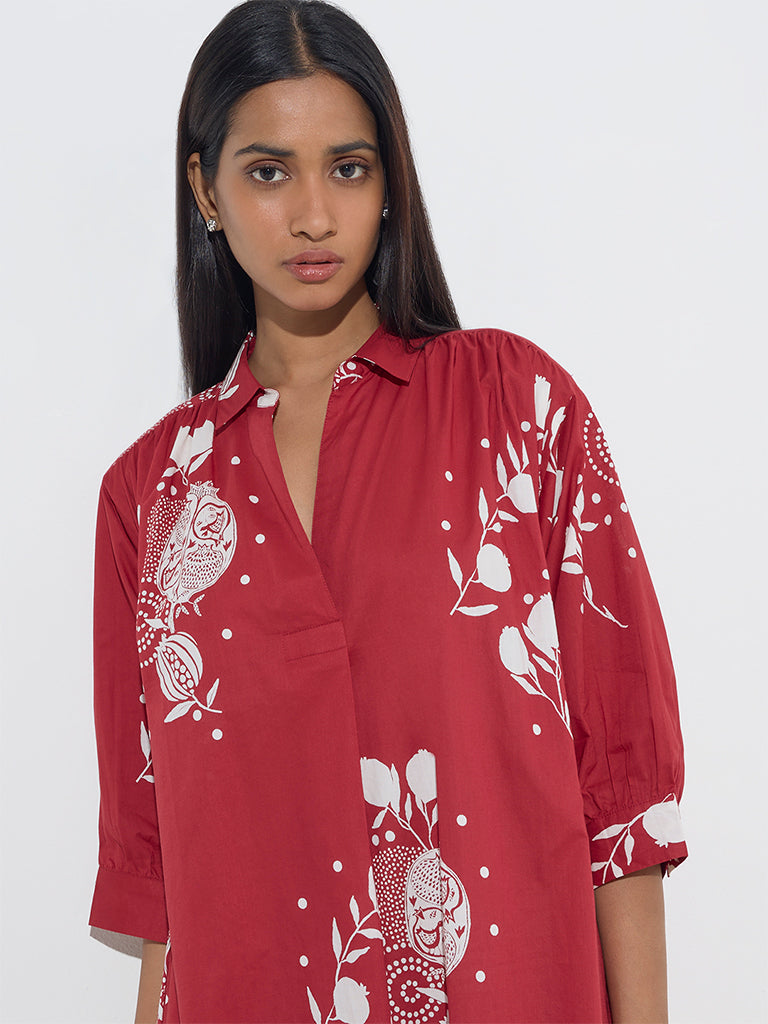 Utsa Red Anar Design High-Low Cotton Kurta