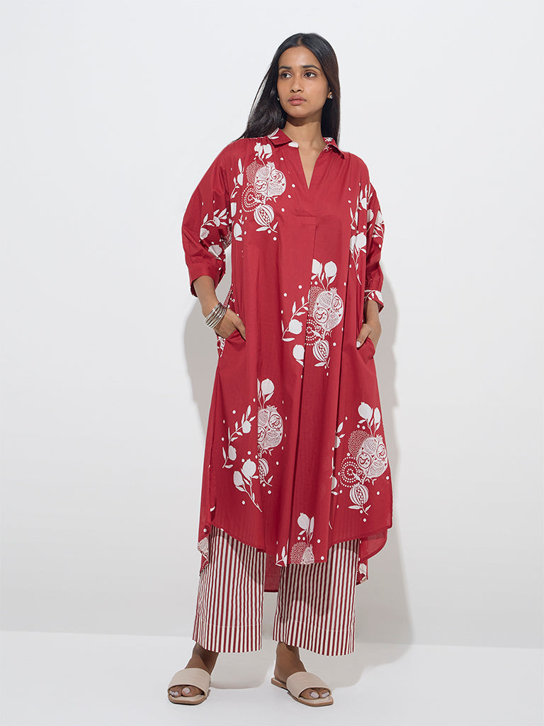 Utsa Red Anar Design High-Low Cotton Kurta