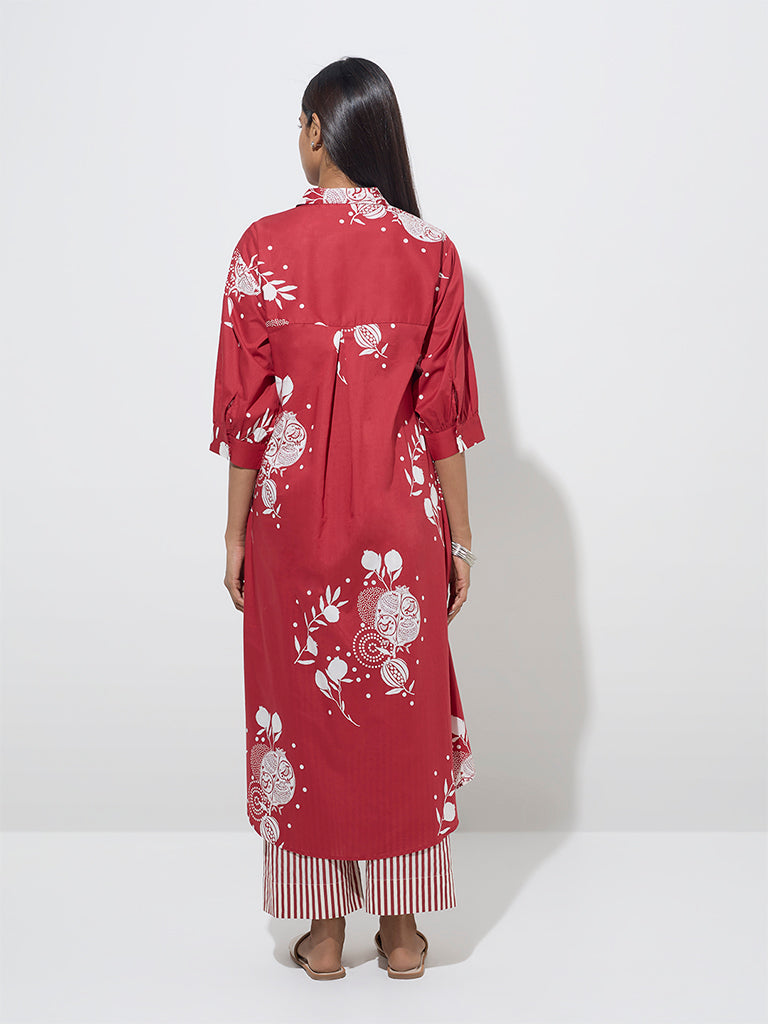 Utsa Red Anar Design High-Low Cotton Kurta