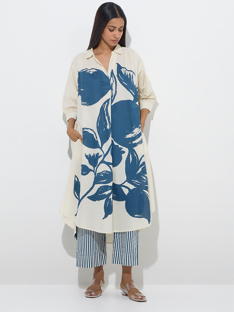 Utsa Off-White Anar Design High-Low Cotton Kurta