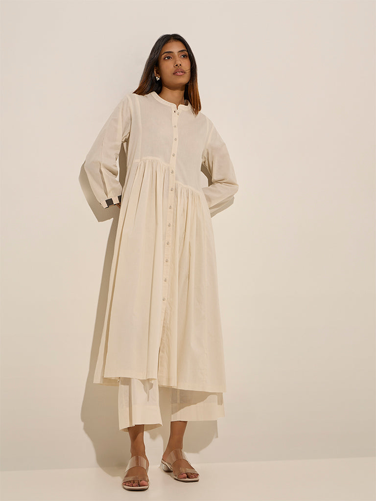 Utsa Off-White Solid Fit-and-Flare Cotton Kurta