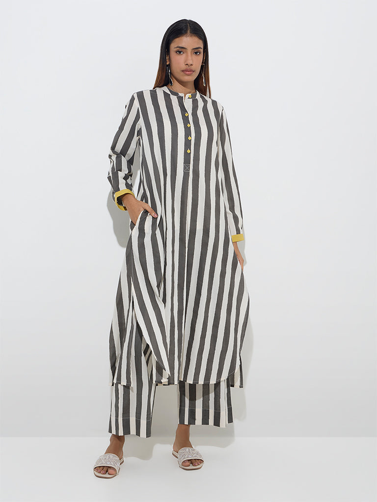 Utsa Grey Stripe Pattern Cotton A-Line Kurta