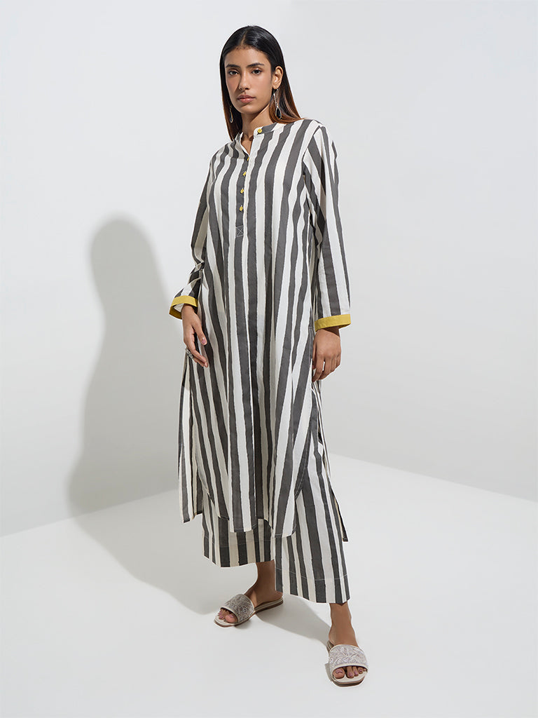 Utsa Grey Stripe Pattern Cotton A-Line Kurta