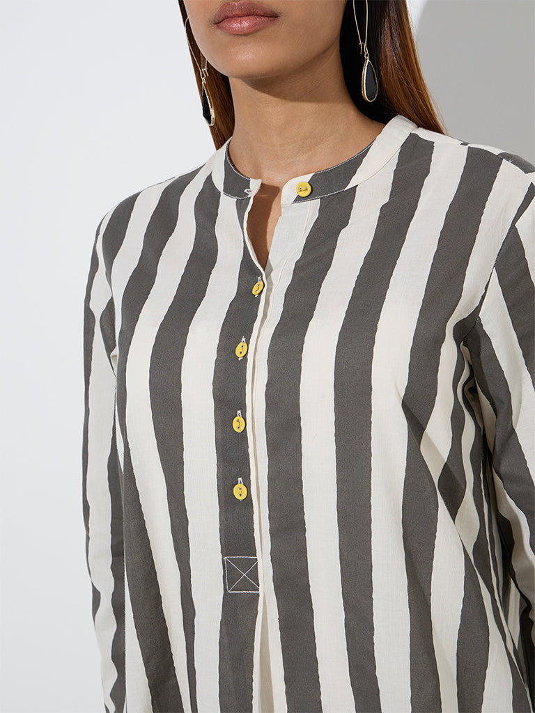 Utsa Grey Stripe Pattern Cotton A-Line Kurta