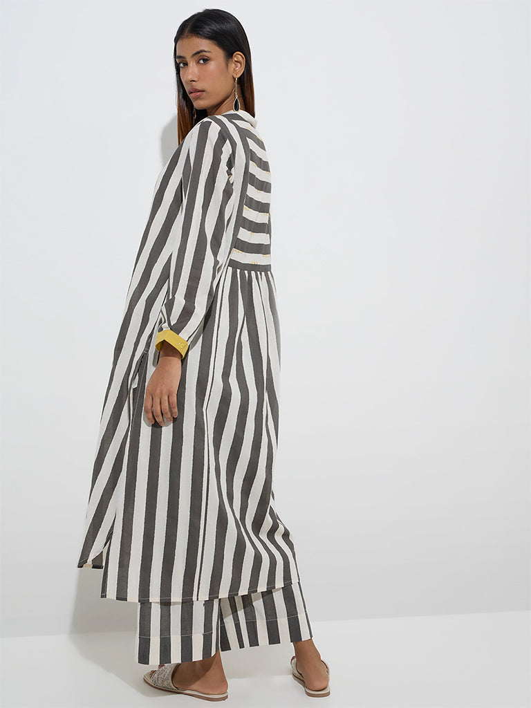 Utsa Grey Stripe Pattern Cotton A-Line Kurta