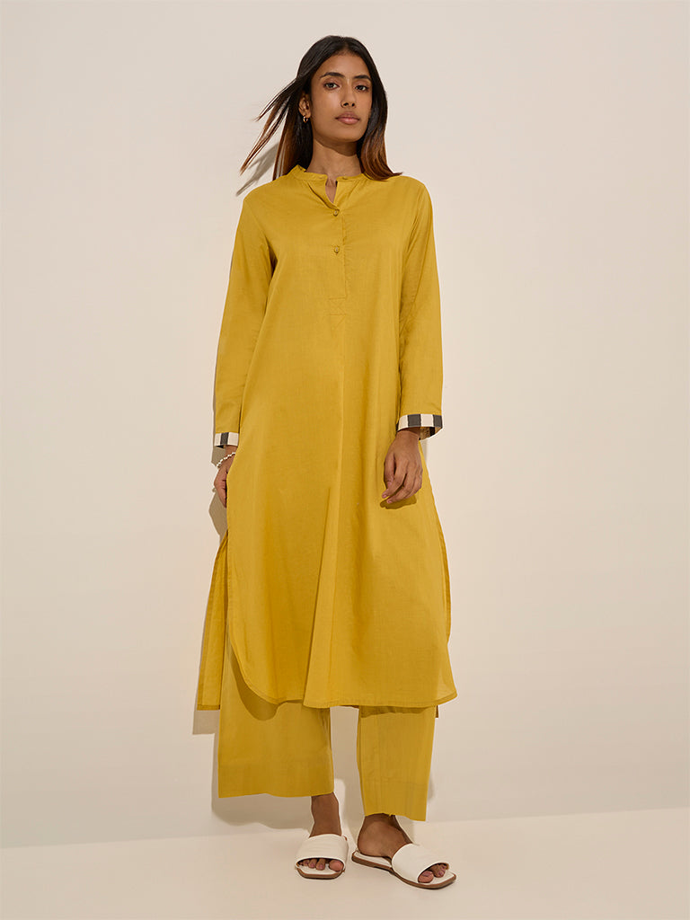 Utsa Mustard Embroidered A-Line Cotton Kurta