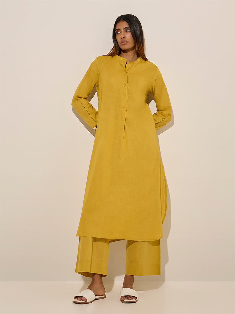 Utsa Mustard Embroidered A-Line Cotton Kurta