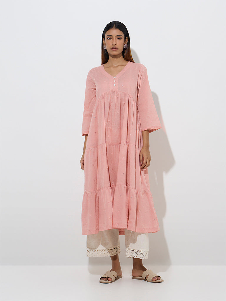 Utsa Blush Pink Mirror-Detailed Cotton A-Line Kurta