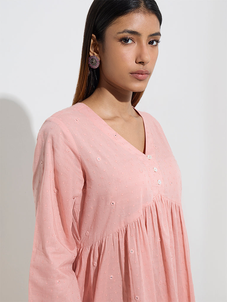 Utsa Blush Pink Mirror-Detailed Cotton A-Line Kurta