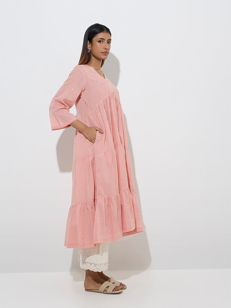 Utsa Blush Pink Mirror-Detailed Cotton A-Line Kurta