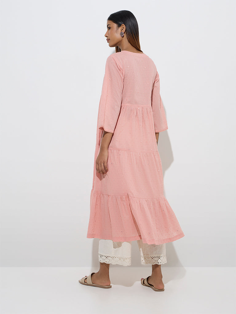 Utsa Blush Pink Mirror-Detailed Cotton A-Line Kurta