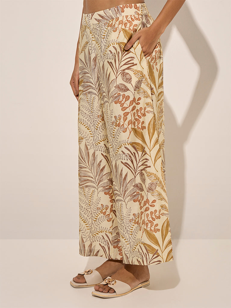 Utsa Beige Botanical Printed Cotton Palazzos