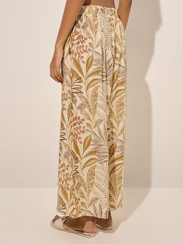 Utsa Beige Botanical Printed Cotton Palazzos